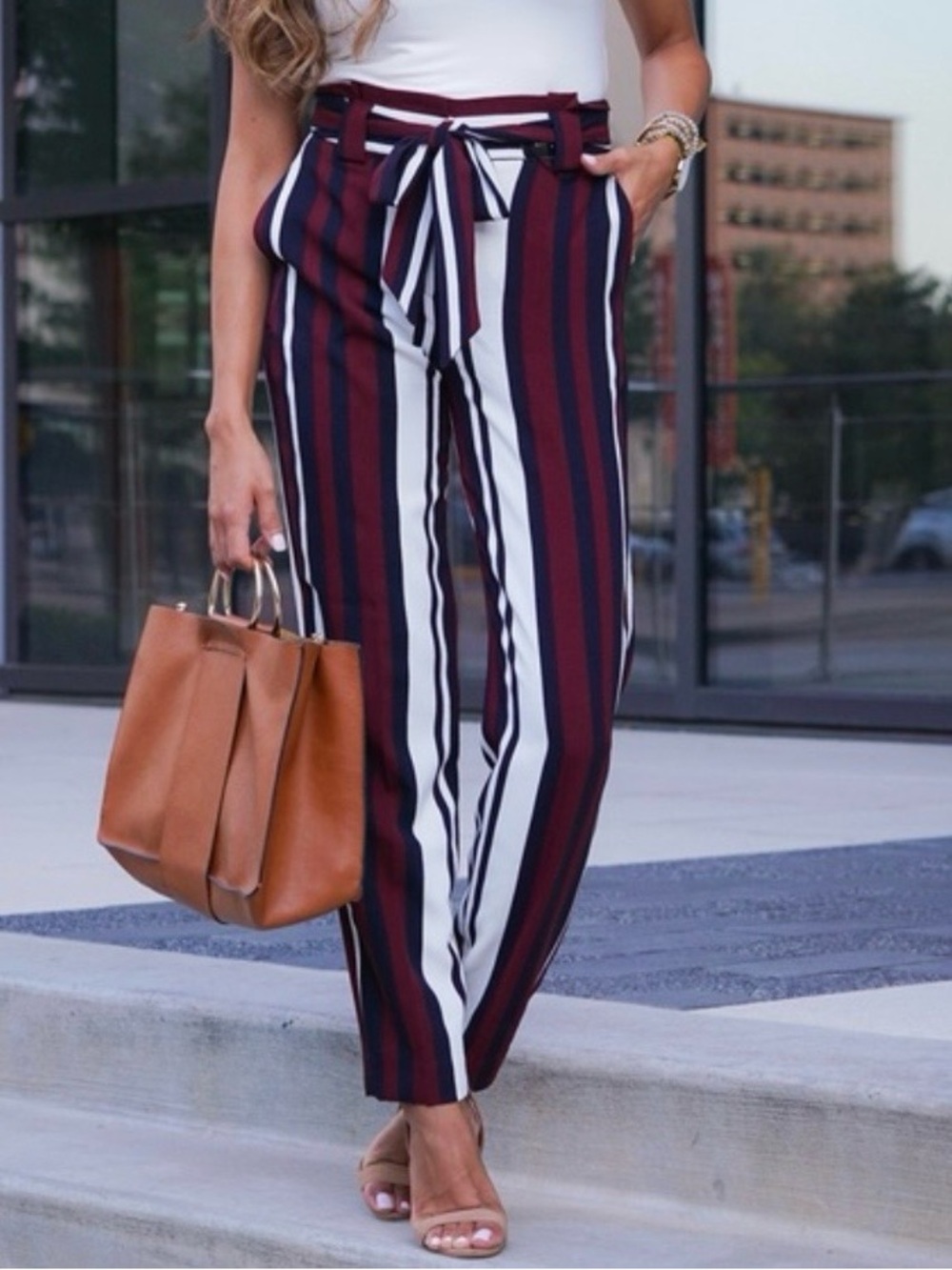 Express Burgundy, Navy & White Vertical Stripe Self-Tie Waist Pants